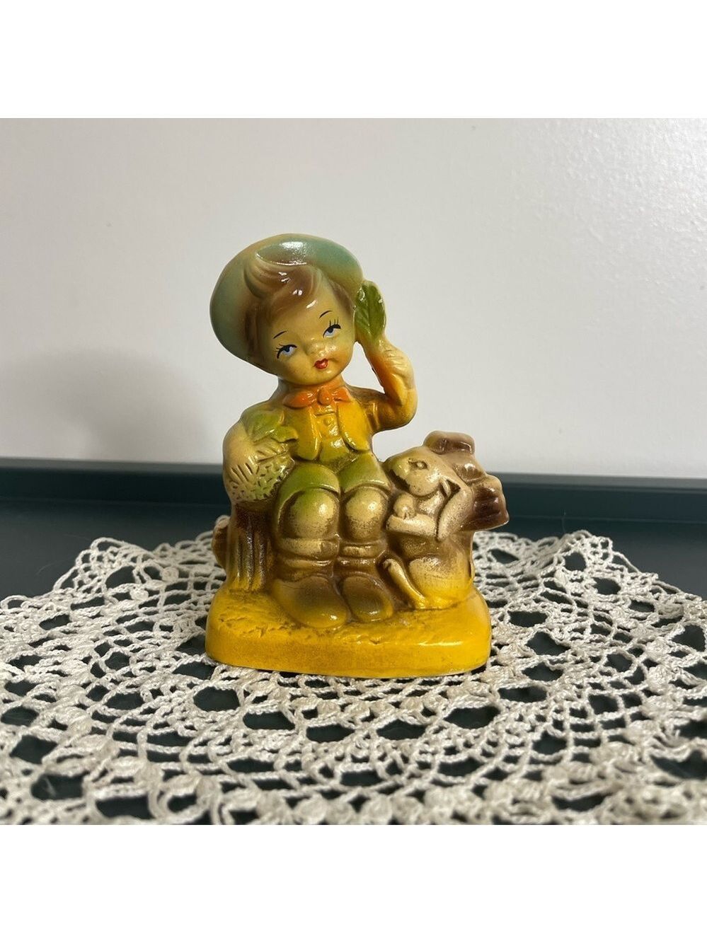 Vintage Porcelain Boy on th Fence with a Rabbit Figurine